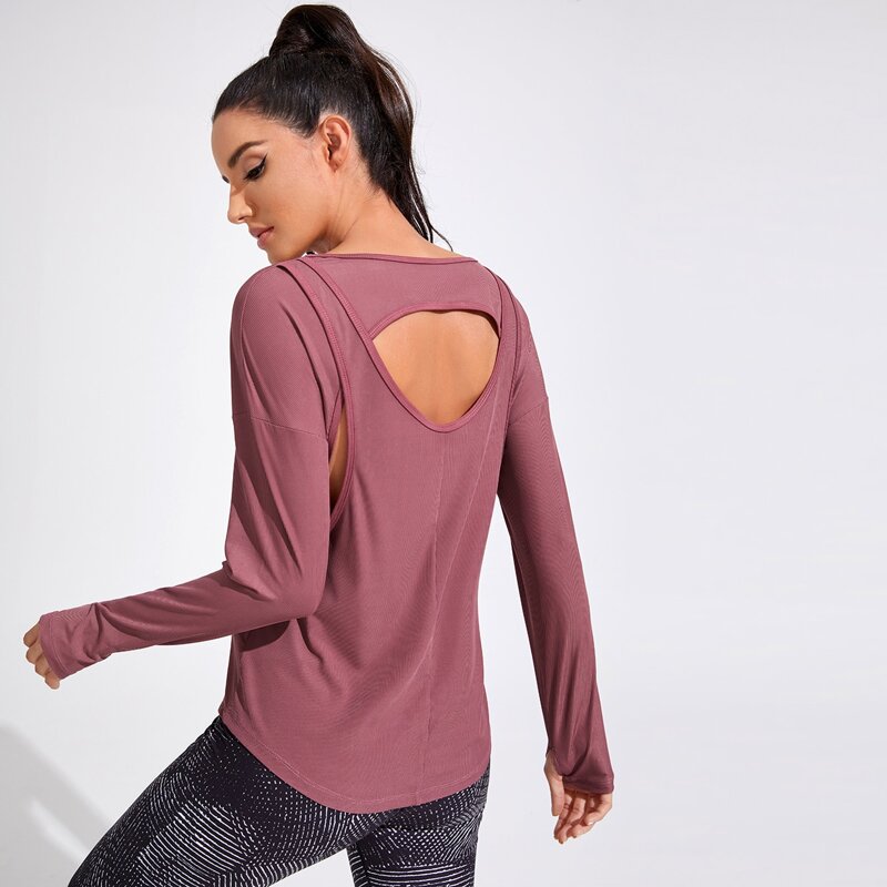 

Cut Out Drop Shoulder Thumb Holes Sports Tee, Rose red