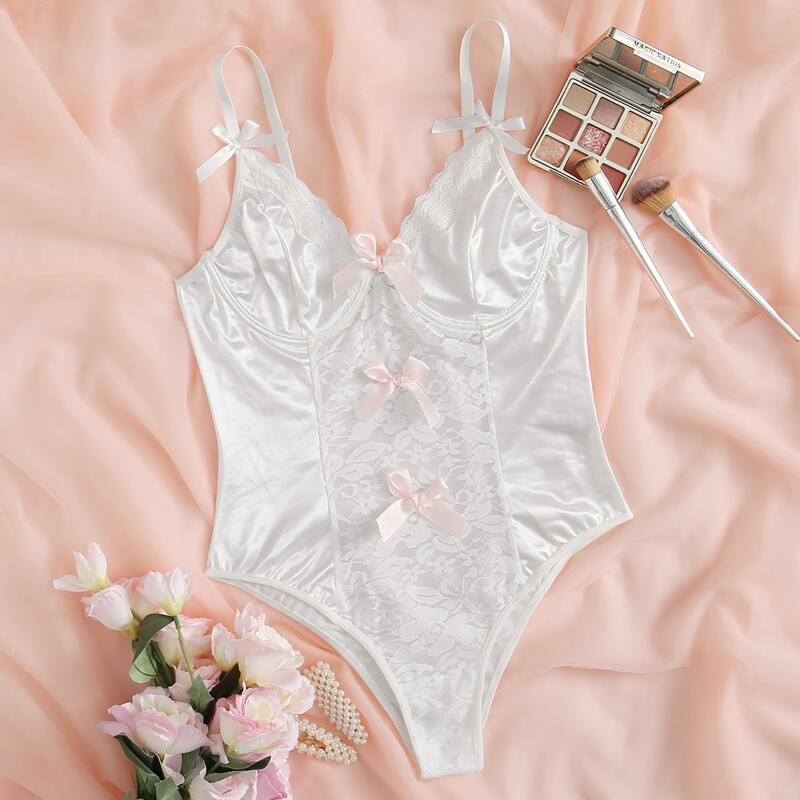 

Contrast Lace Satin Underwire Teddy Bodysuit, White