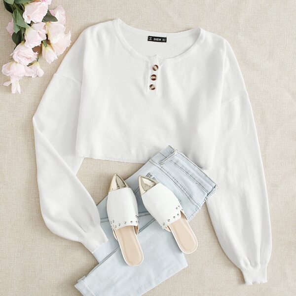 

Buttoned Half Placket Crop Sweater, White