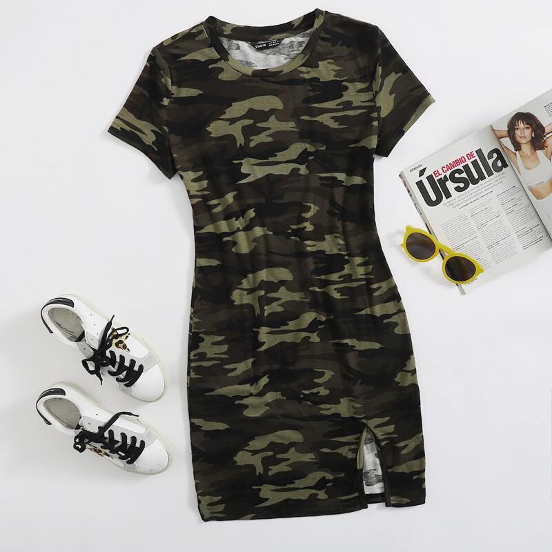 

Split Hem Camo Dress, Multicolor