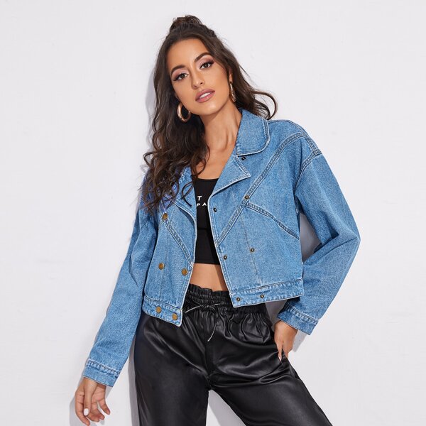 

Lapel Collar Double Breasted Denim Jacket, Medium wash