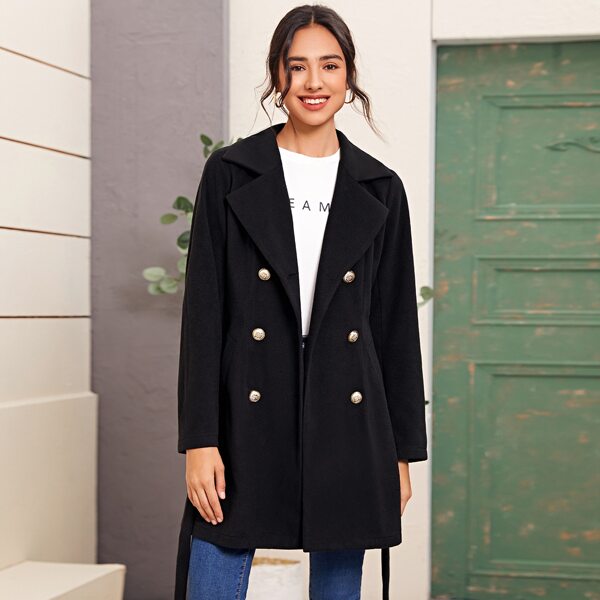 

Lapel Collar Double Breasted Belted Coat, Black