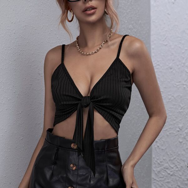 

Tie Front Rib-knit Cami Top, Black