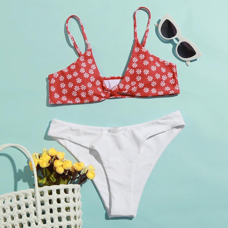 

Ditsy Floral Knot Detail Bikini Swimsuit, Red and white