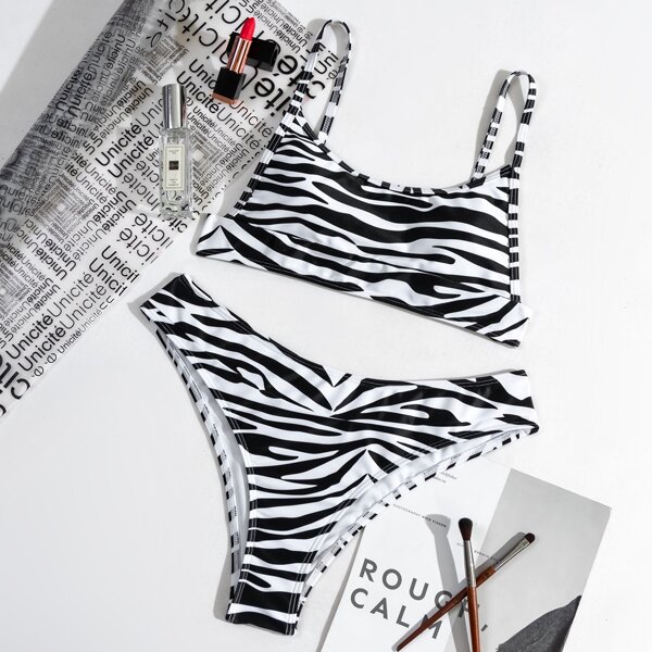 

Zebra Striped Bikini Swimsuit, Black and white