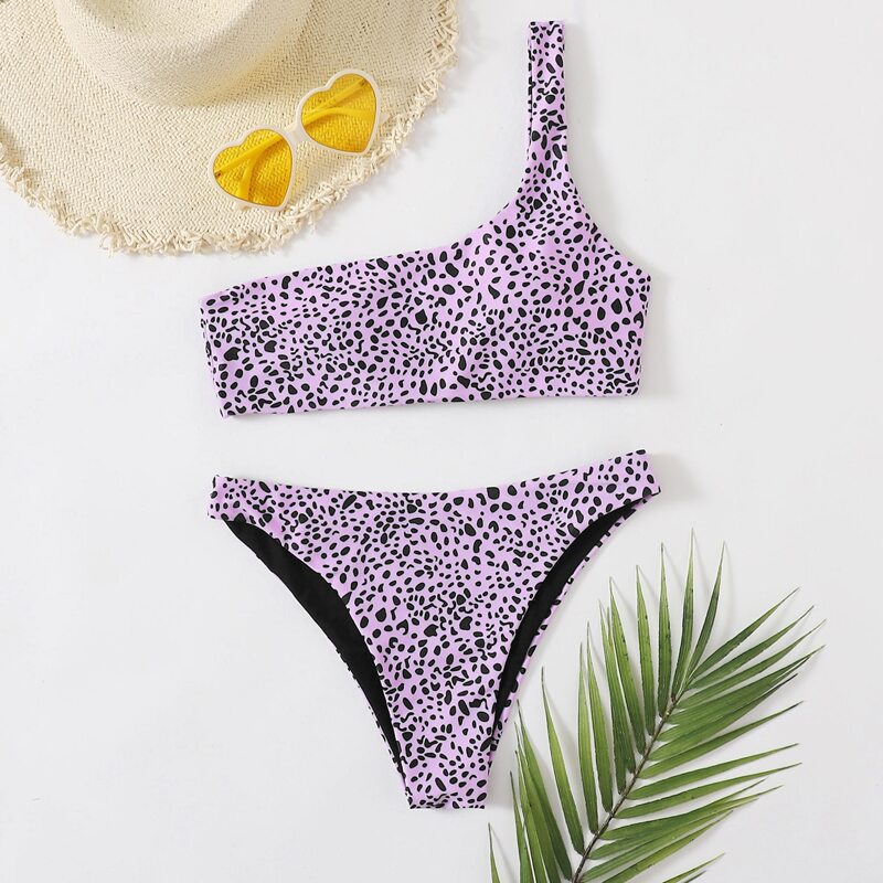 

Leopard Lace-up One Shoulder Bikini Swimsuit, Multicolor
