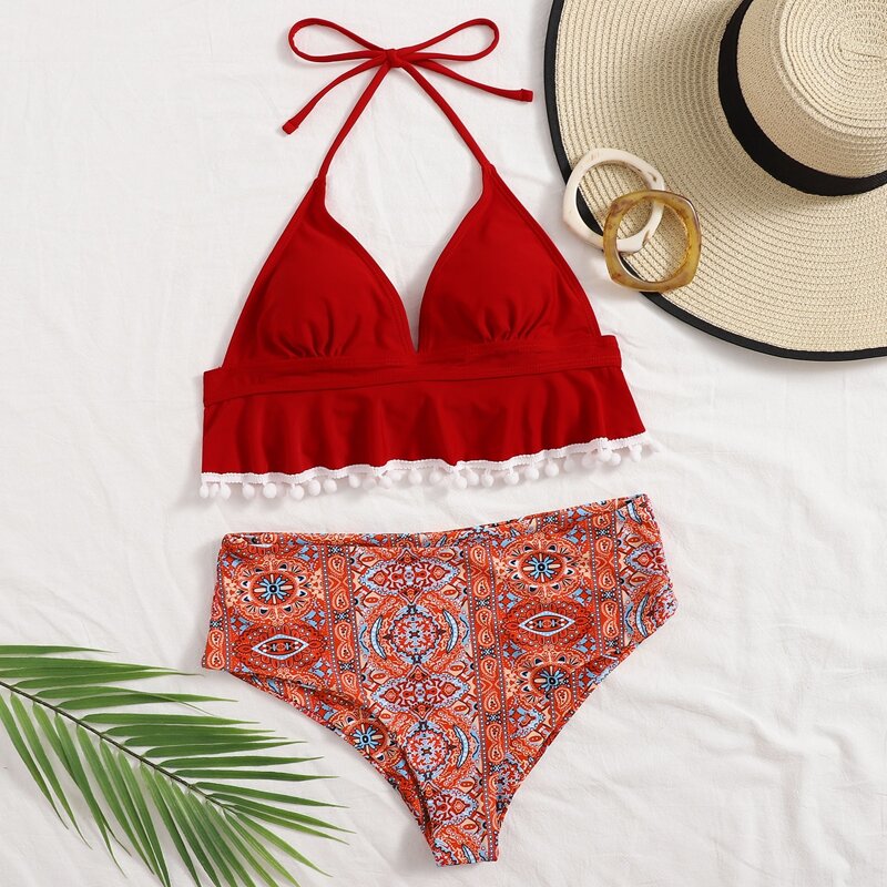 

Tribal Ruffle Hem Bikini Swimsuit, Multicolor