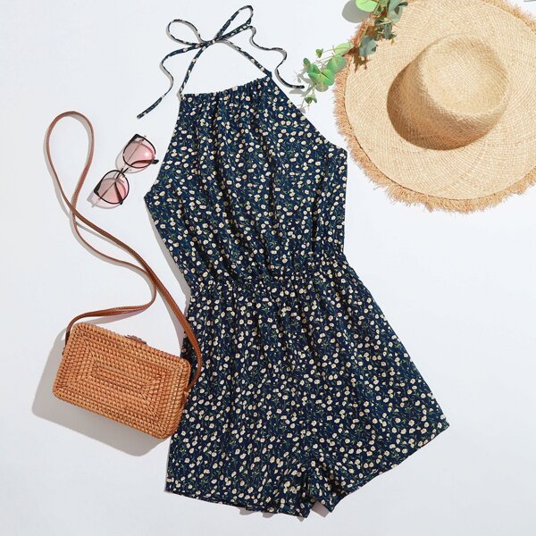 

Ditsy Floral Print Tie Back Halter Romper, Navy blue