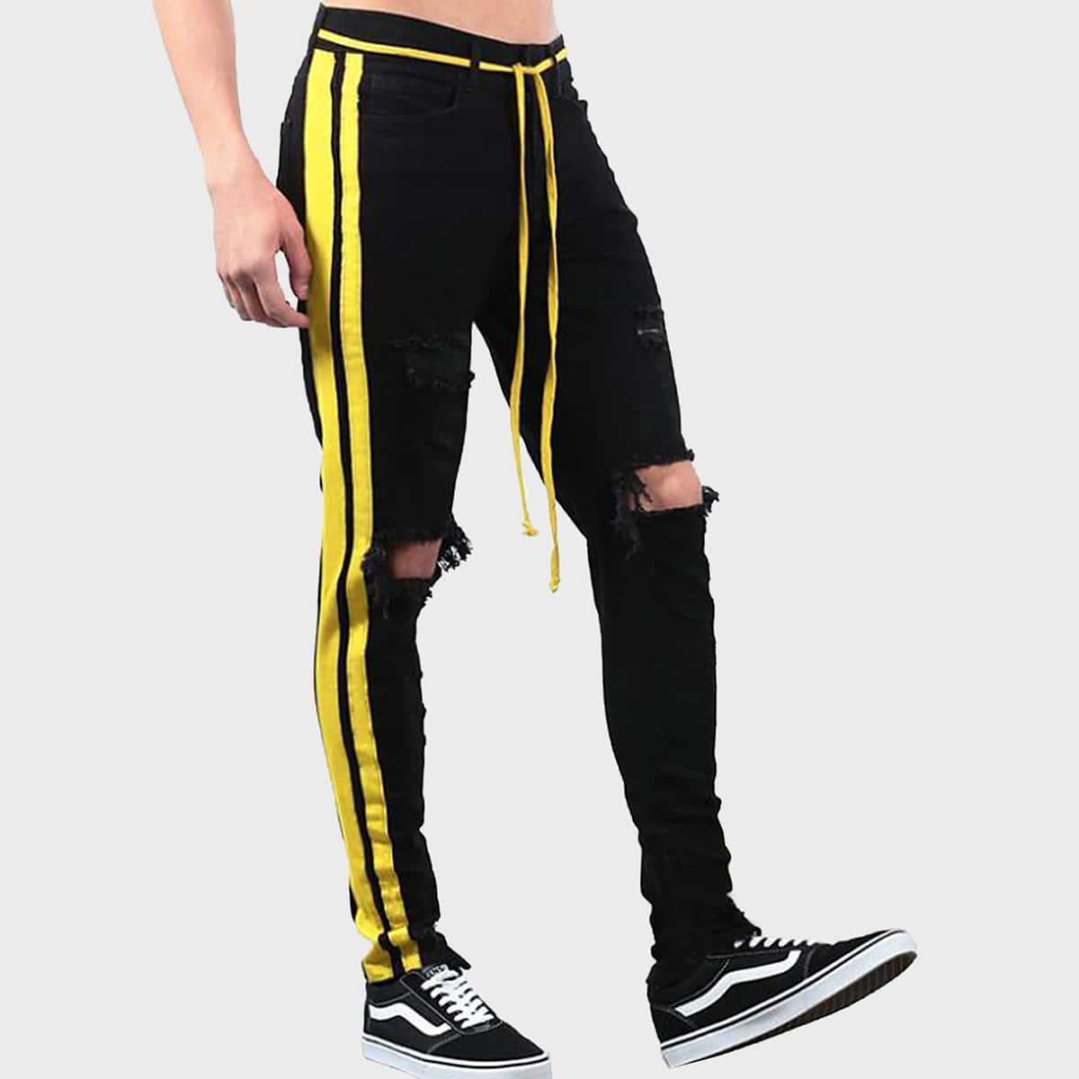 

Guys Striped Side Ripped Jeans, Black