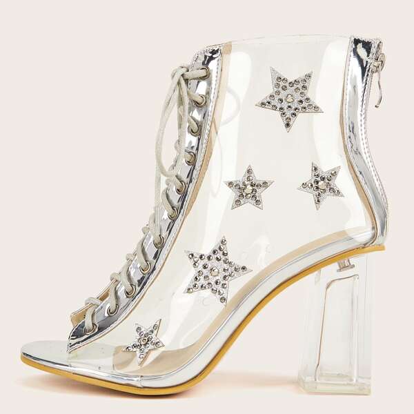 

Peep Toe Lace-up Front Clear Chunky Heels, Silver