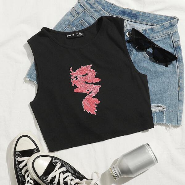 

Chinese Dragon Graphic Tank Top, Black
