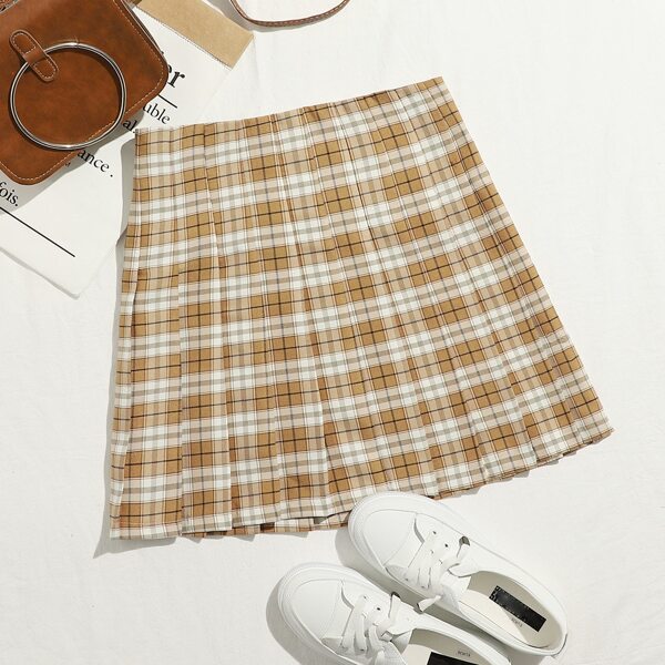

Plaid Pleated A-Line Mini Skirt, Camel