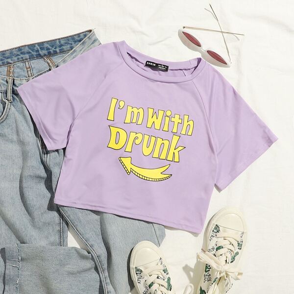 

Raglan Sleeve Slogan & Arrow Print Tee, Lilac purple