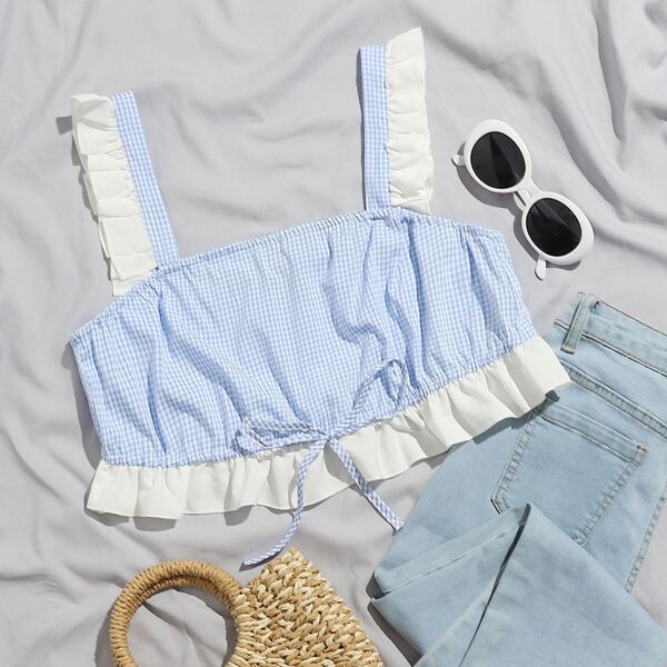 

Drawstring Hem Gingham Cami Top, Baby blue