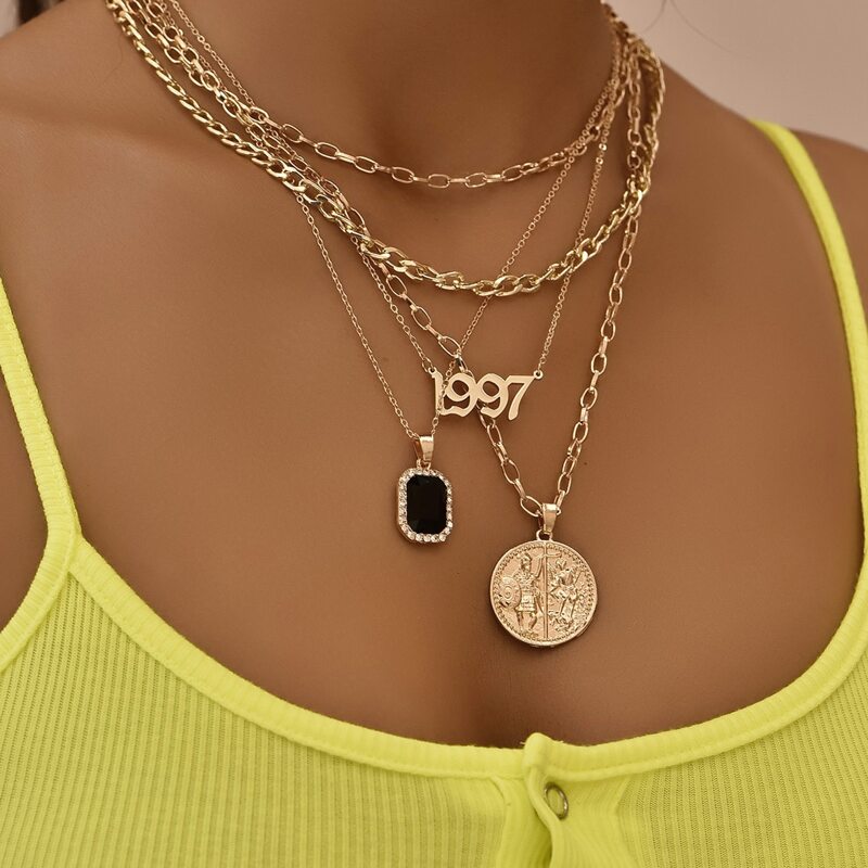 

Number & Roman Coin Charm Layered Necklace, Gold