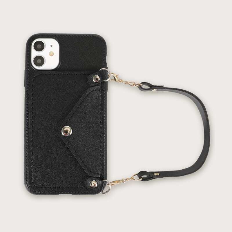 

1pc Solid Wallet iPhone Case With 1pc Lanyard, Black