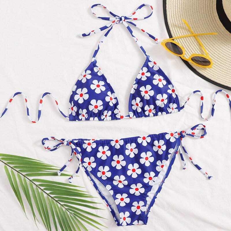 

Floral Triangle Tie Side Bikini Swimsuit, Blue