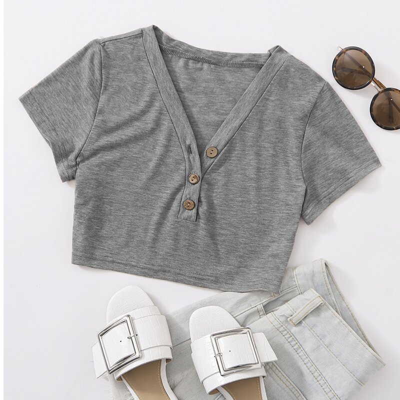 

V Neck Crop Tee, Grey