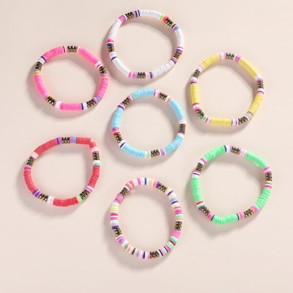

7pcs Colorful Clay Beaded Bracelet, Multicolor