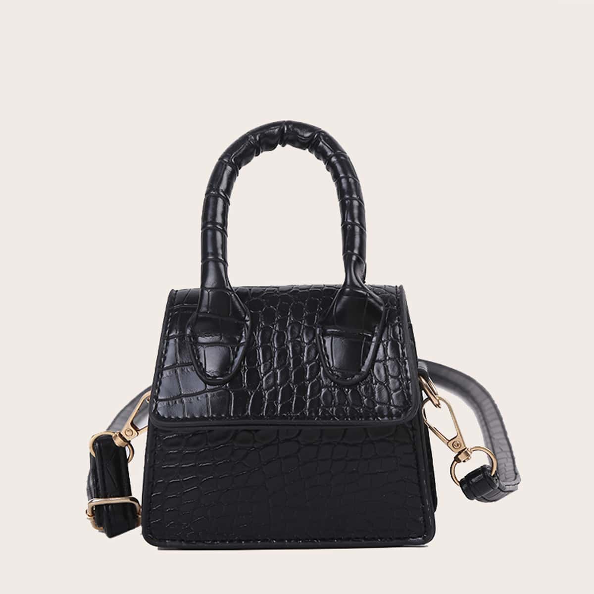 

Croc Embossed Mini Satchel Bag, Black