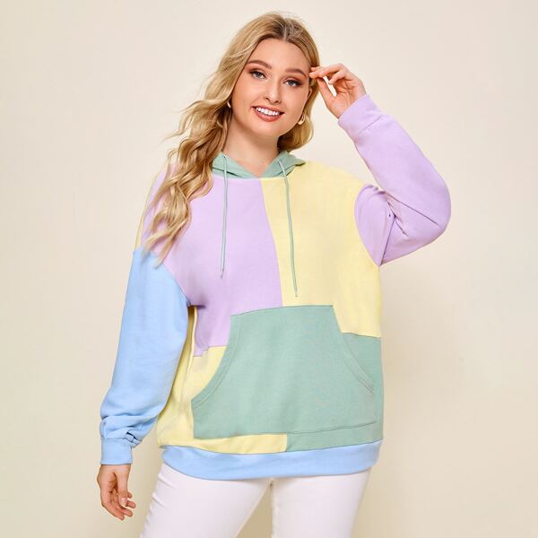 

Plus Drop Shoulder Pouch Pocket Colorblock Hoodie, Multicolor