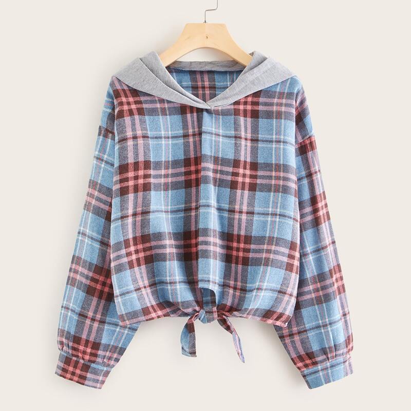

Plaid Knot Hem Hoodie, Multicolor