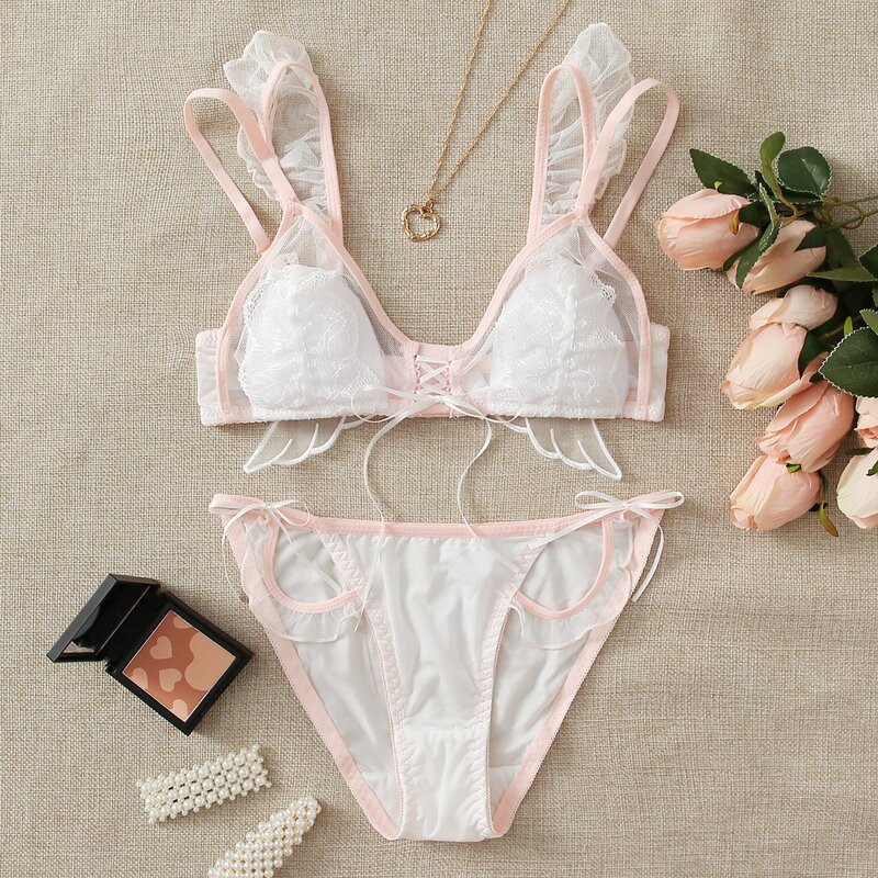 

Frill Trim Lace Lingerie Set, White