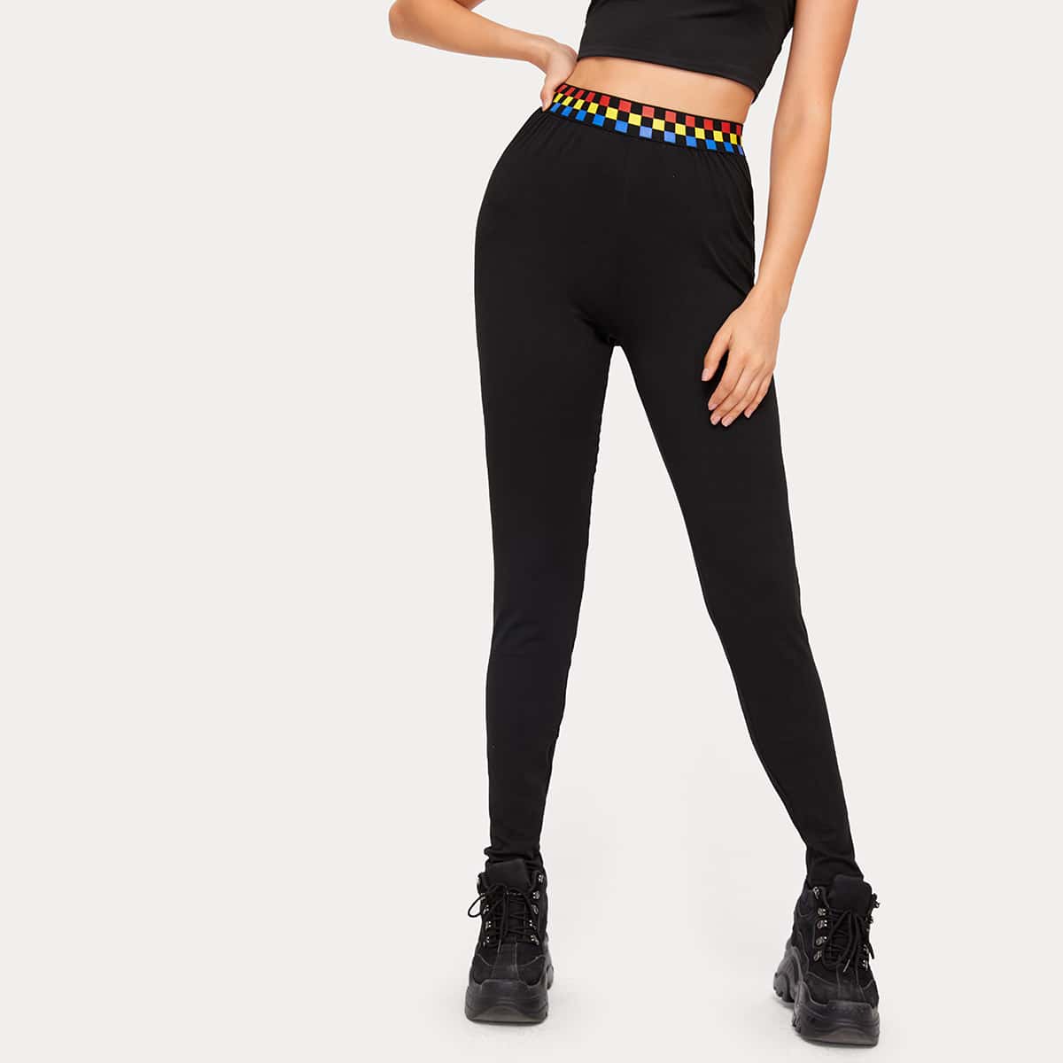 

Colorful Checkerboard Waist Leggings, Black
