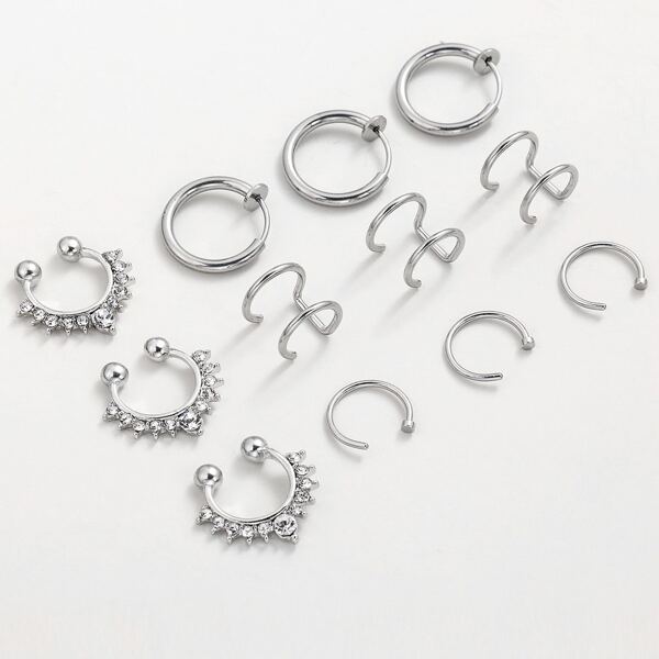 

12pcs Men Rhinestone Decor Nose Ring, Silver