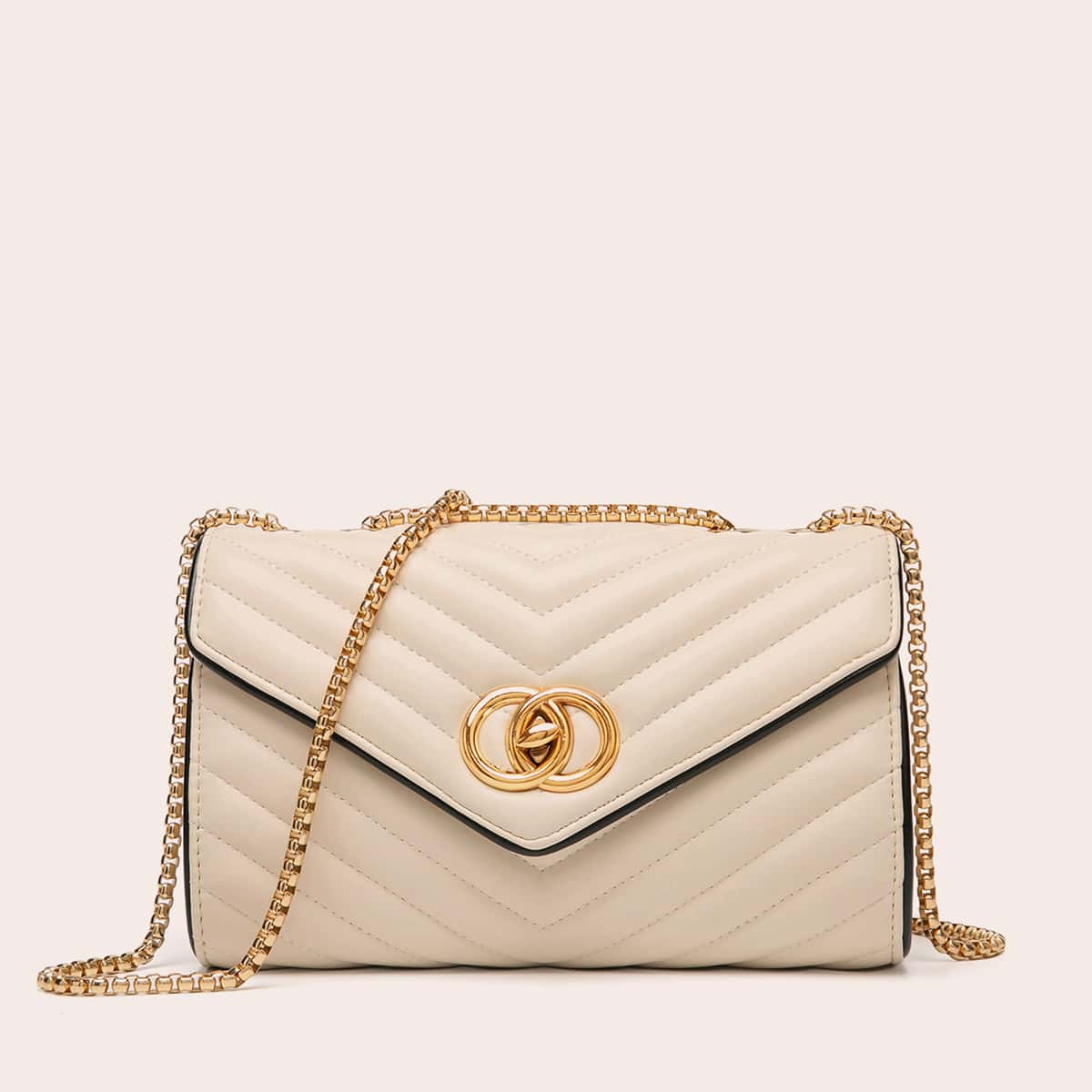 

Metal Decor Stitch Detail Crossbody Bag, Beige