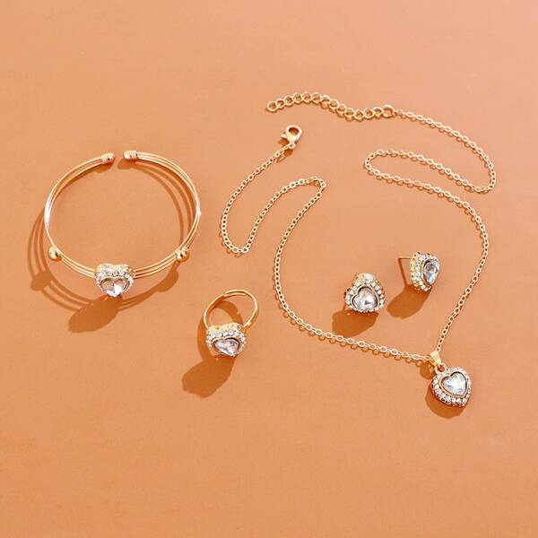 

5pcs Rhinestone Heart Decor Jewelry Set, Gold