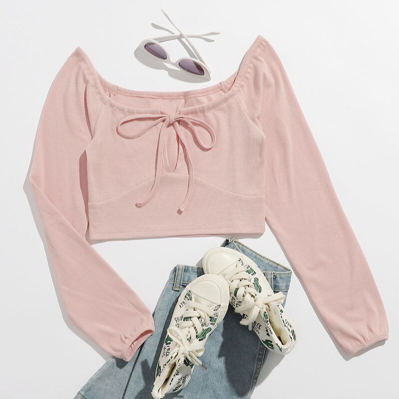 

Solid Tie Front Crop Tee, Baby pink