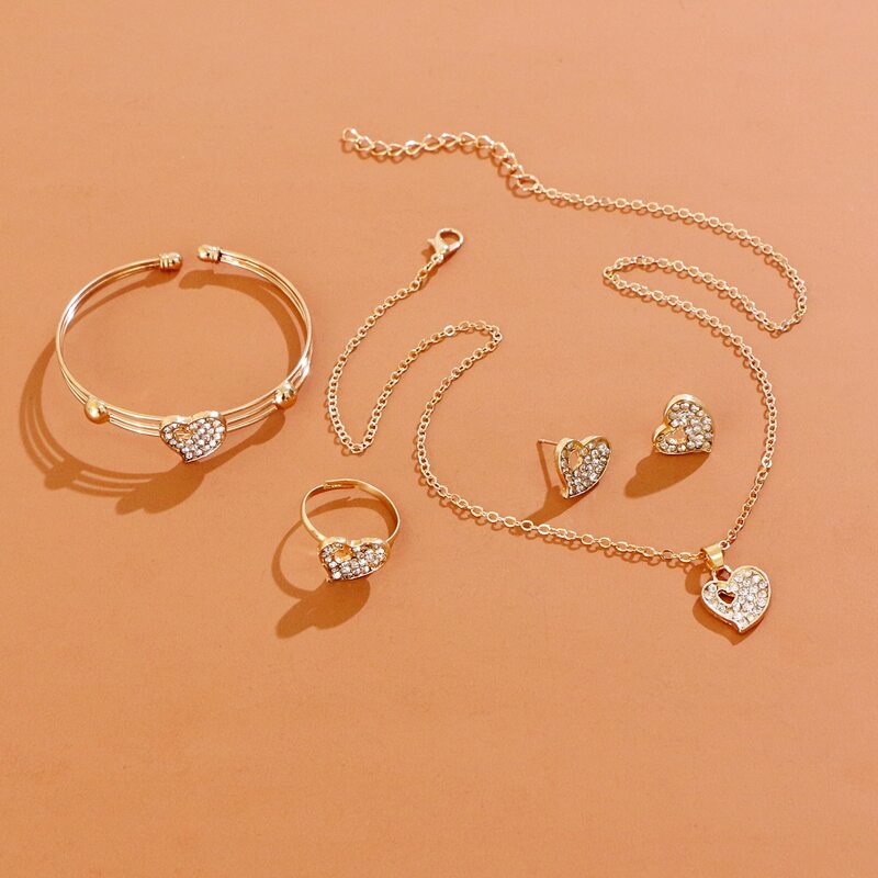 

5pcs Rhinestone Heart Decor Jewelry Set, Gold
