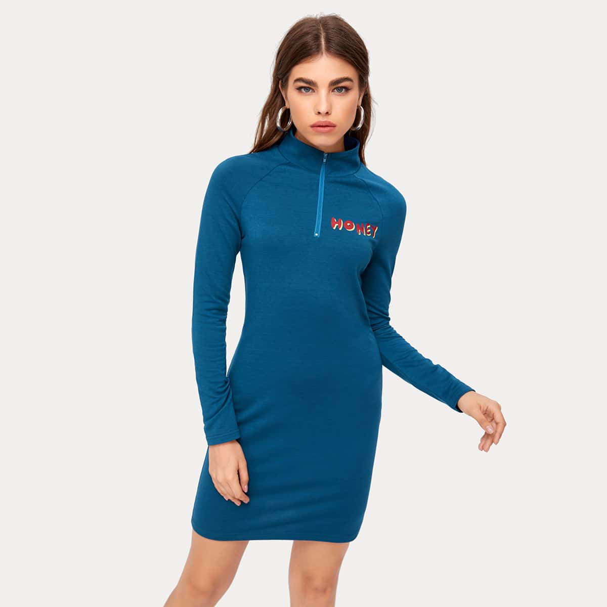 

Letter Graphic Half Zip Dress, Blue