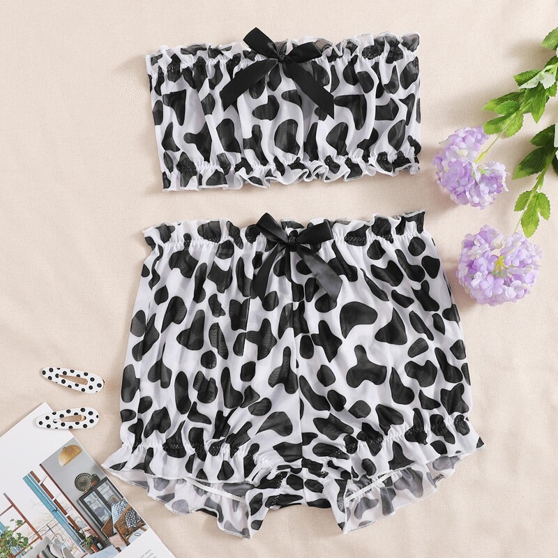 

Cow Print Frill Mesh Lingerie Set, Black and white