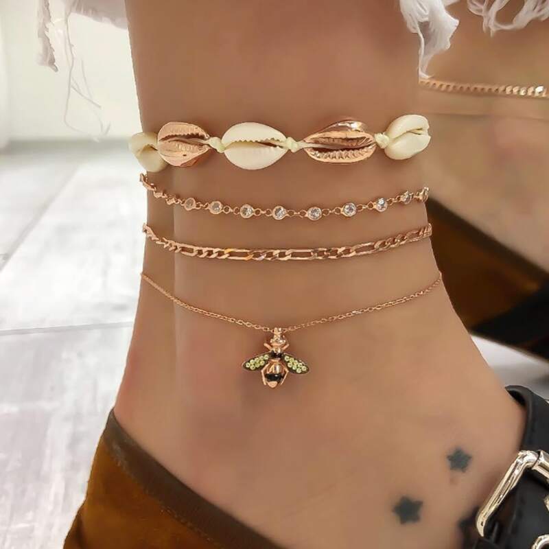 

4pcs Shell & Bee Anklet, Gold