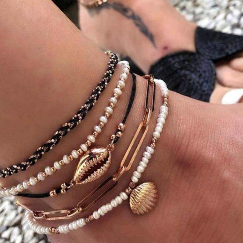 

5pcs Shell & Faux Pearl Anklet, Multicolor