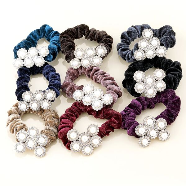 

9pcs Rhinestone Decor Scrunchie, Multicolor