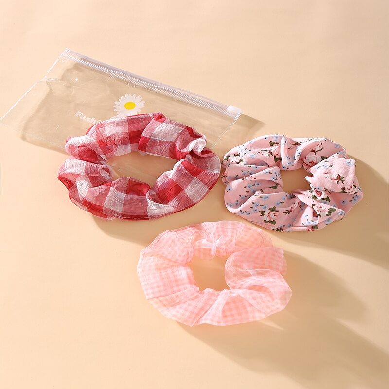 

3pcs Floral & Plaid Scrunchie, Multicolor