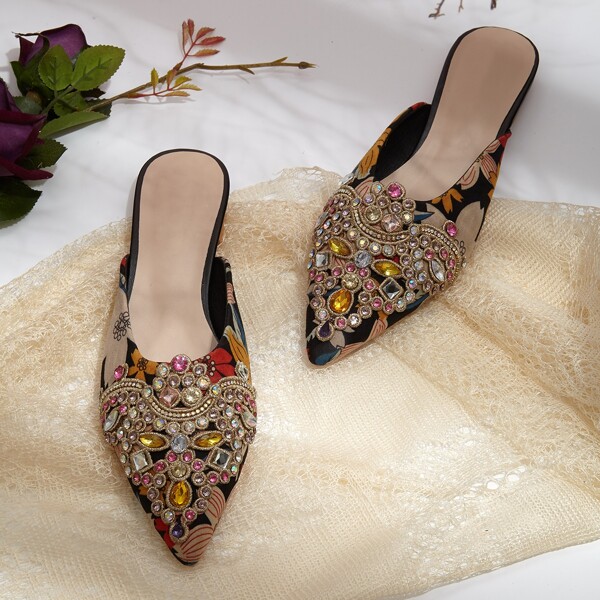

Rhinestone Decor Floral Graphic Flat Mules, Multicolor