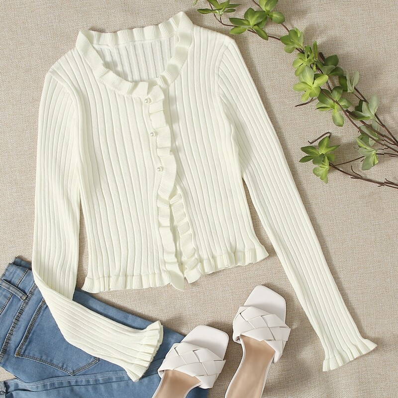 

Ruffle Trim Button Up Solid Cardigan, White