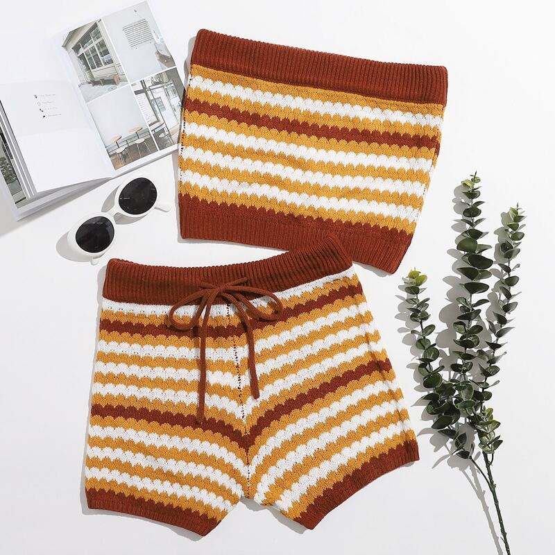 

Striped Tube Knit Top & Drawstring Waist Shorts Set, Multicolor