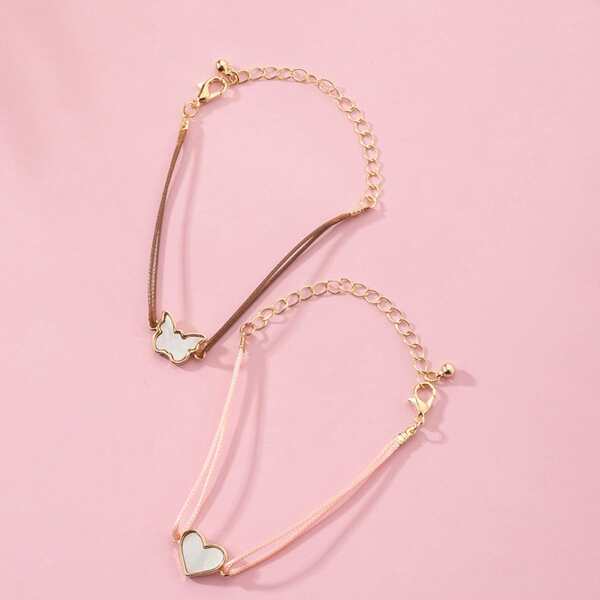

2pcs Girls Heart & Butterfly Decor Bracelet, White