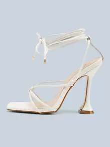 Women Knot Decor Tie Leg Design Pyramid Heeled Strappy Sandals, Fashion Summer Heeled Sandals - White - View 2