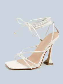 Women Knot Decor Tie Leg Design Pyramid Heeled Strappy Sandals, Fashion Summer Heeled Sandals - White - View 4