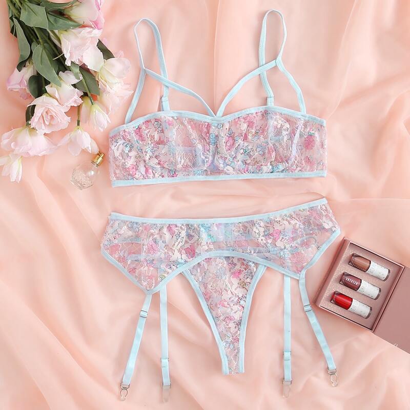 

Floral Lace Garter Lingerie Set, Multicolor