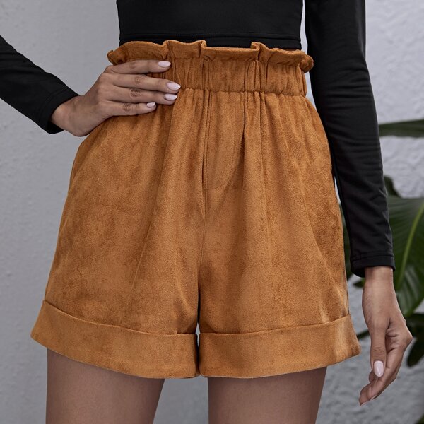 

Paperbag Waist Suede Shorts, Brown