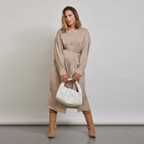

Plus Drop Shoulder Self Belted Satin Dress, Khaki