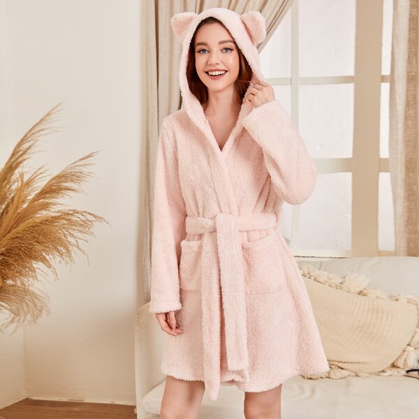 

3D Ear Design Self Tie Teddy Robe, Baby pink