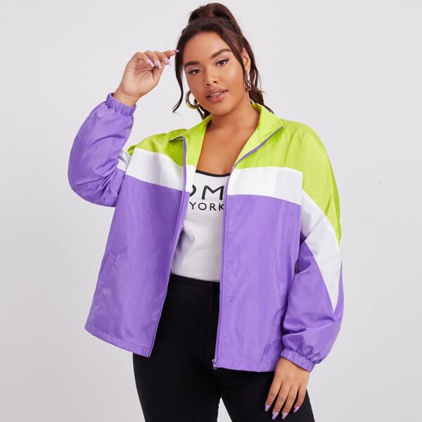 

Plus Collared Zip Up Colorblock Jacket, Multicolor